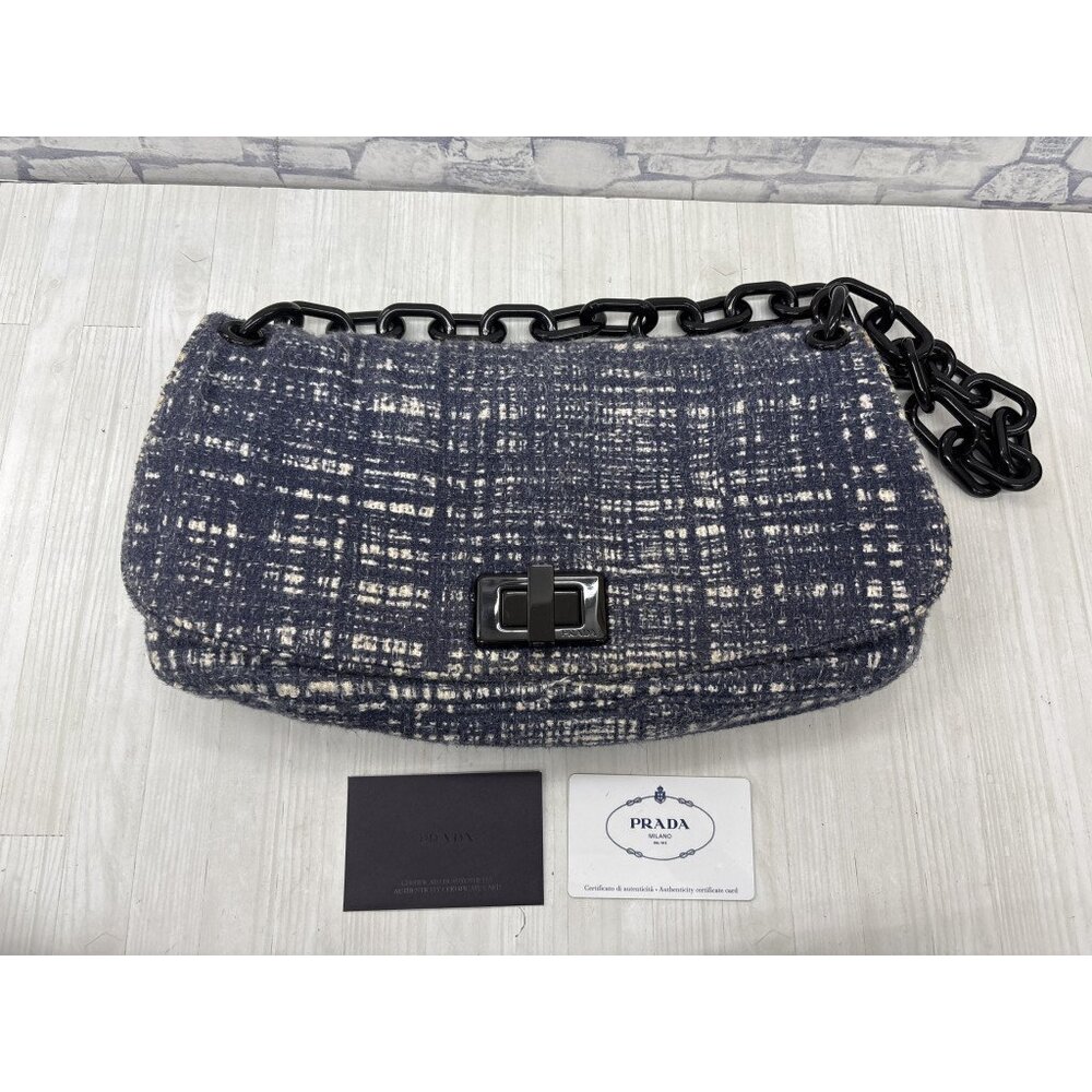 PRADA Chain Handbag Tweed Navy Blue Triangle Plate